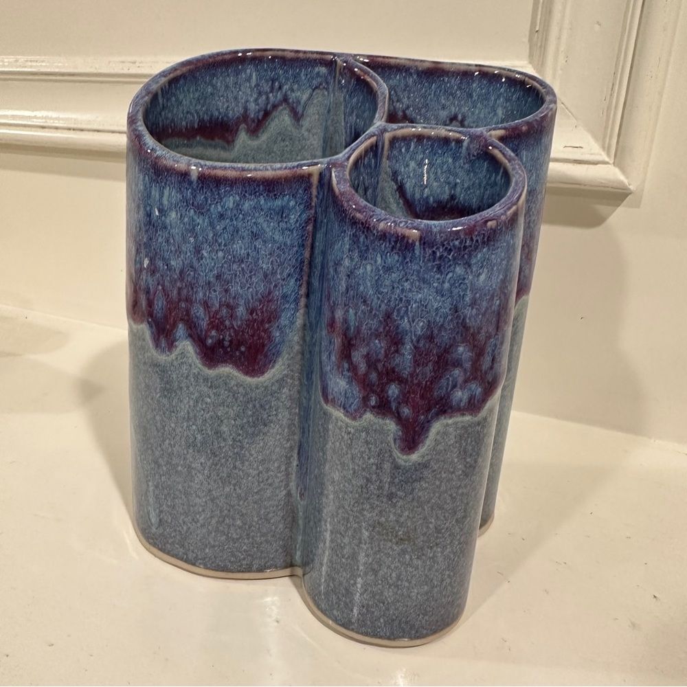 Bay Pottery Blue Purple Ceramic Drip Glaze Art Pottery Stoneware Triple Bud Vase